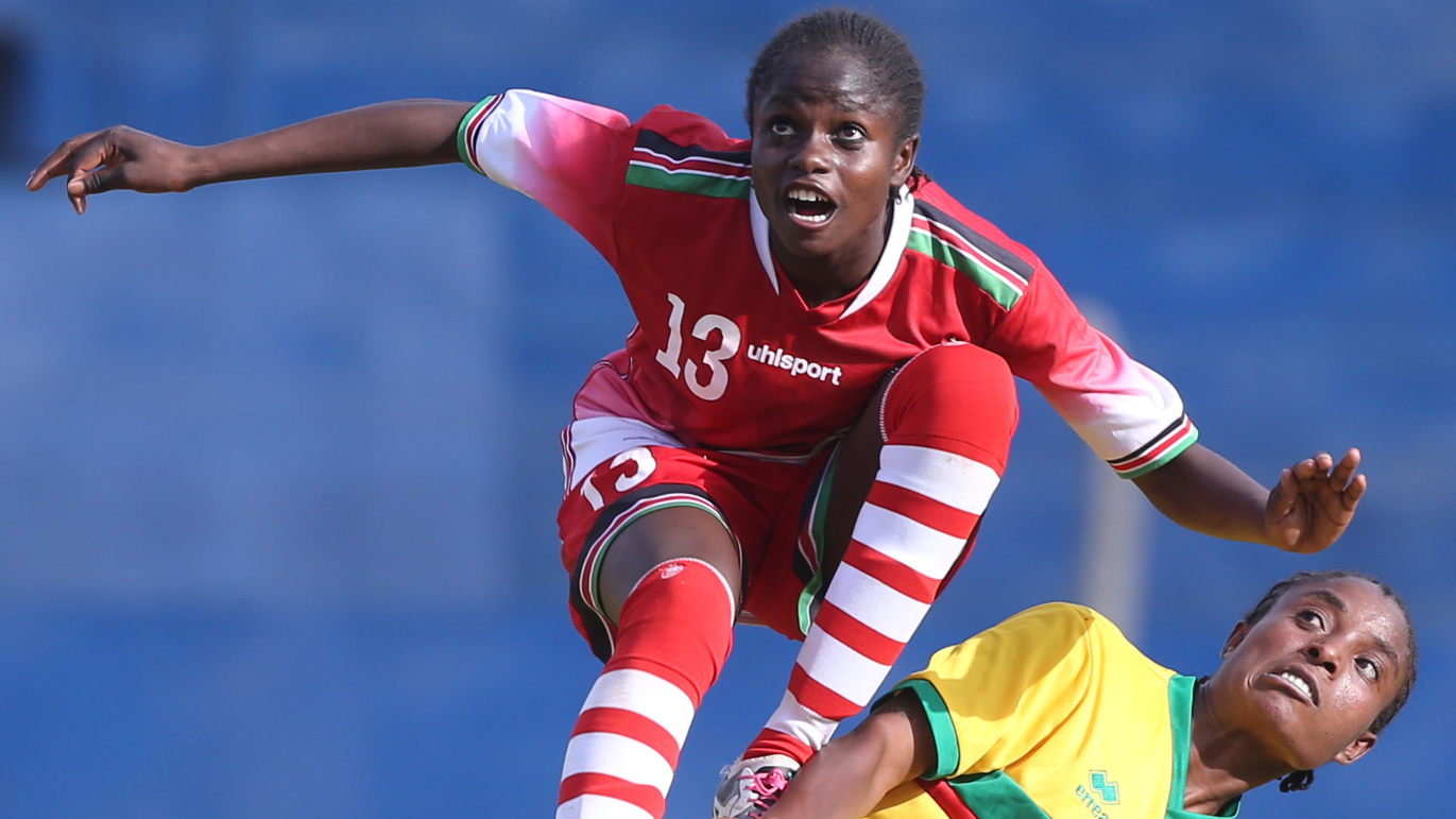 Sheril Angachi (L) of Harambee Starlets U-20 contest for ball with Mirkat Tekele of Ethiopia during their U20 Women World Cup qualifier return leg match at Kenyatta stadium in Machakos on September 30, 2017